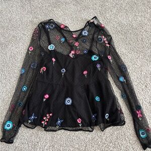 Zara Black Mesh Top with Colorful Floral Embroidery